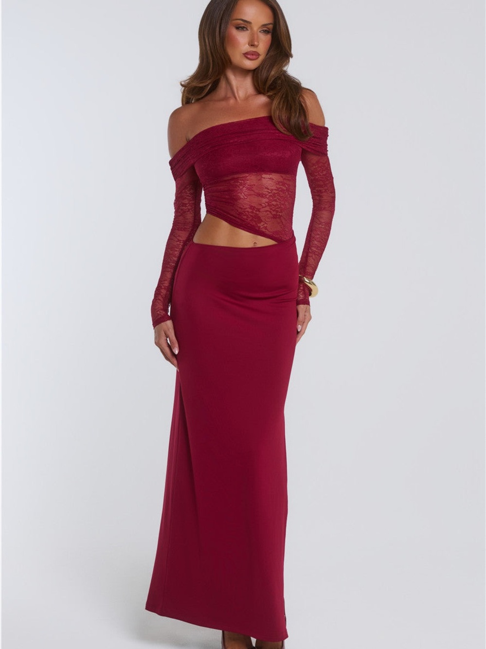 Hello molly in the current strapless Burgundy Maxi Dress